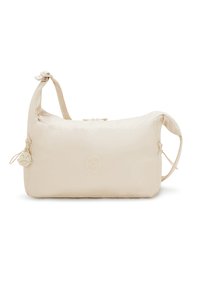 Beige nylon shoulder bag with a rounded shape, featuring a knotted strap, logo accent, and zippered closure for secure storage.