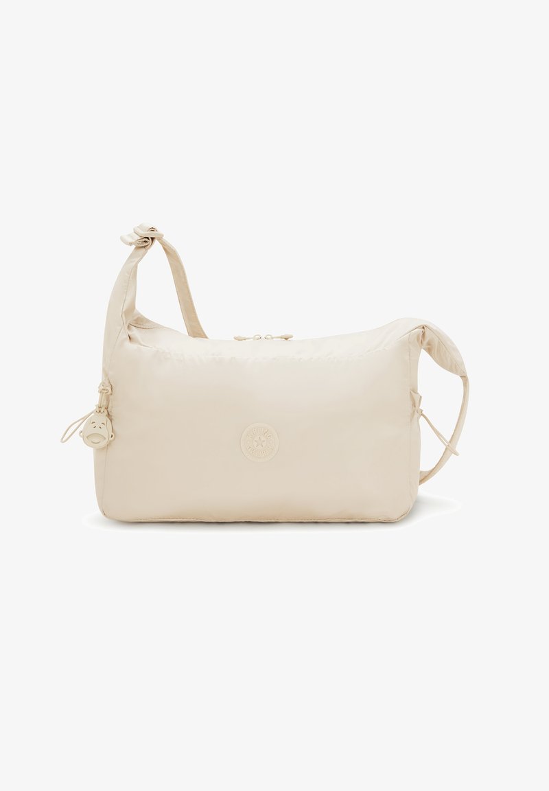 Beige nylon shoulder bag with a rounded shape, featuring a knotted strap, logo accent, and zippered closure for secure storage.