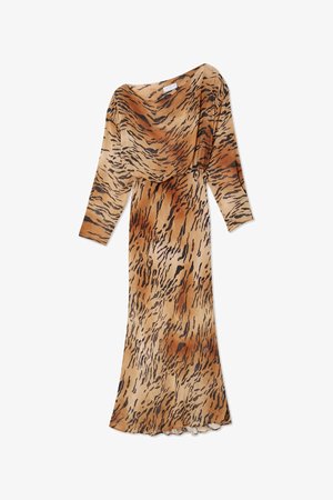 Rochie lungă, ajustată, dintr-un material ușor și transparent, cu un model de dungi de tigru în nuanțe de maro și bej. Design off-the-shoulder, cu mâneci lungi.