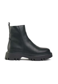 Black leather ankle boots with a smooth texture, featuring a chunky, jagged sole and a pull tab at the back for easy wear.