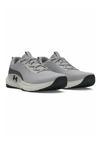 Gray athletic shoes with mesh upper, contrasting dark gray accents, lime green laces, and textured black rubber sole. Lightweight design.