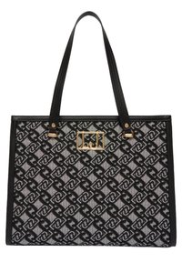 Sac fourre-tout à motifs noirs et gris de forme rectangulaire, avec des accents en cuir et des ferrures couleur or. Équipé de deux bretelles pour l'épaule.