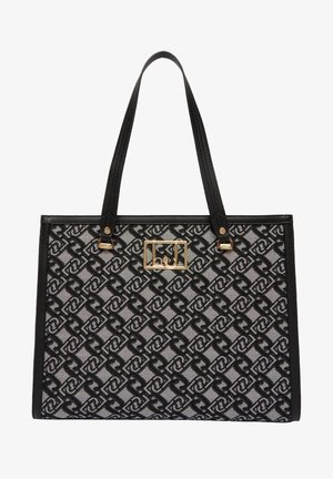 Zwart en grijs patroon stoffen draagtas met een rechthoekige vorm, leren accenten en gouden metalen details. Voorzien van dubbele schouderbanden.