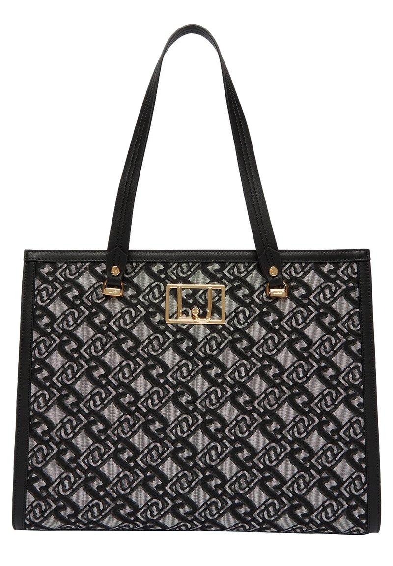 Sac fourre-tout à motifs noirs et gris de forme rectangulaire, avec des accents en cuir et des ferrures couleur or. Équipé de deux bretelles pour l'épaule.