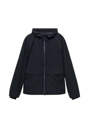 Black waterproof jacket with a hood, full front zip, two front pockets, and adjustable cuffs. Smooth texture and minimalist design.