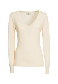 Maglione a maniche lunghe a V in tessuto lavorato di un beige chiaro. Presenta polsini a coste e una texture liscia con dettagli di design minimi.