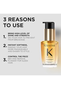 Kérastase Elixir Ultime, a clear gold oil in a glass bottle with a black pump, features bold black text on a light gray background detailing benefits.