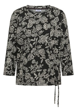 Top nero a maniche lunghe con motivo floreale e fogliame bianco dettagliato, scollatura rotonda e coulisse regolabile sui lati.