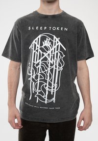 Gray cotton T-shirt featuring a white graphic design with text "SLEEP TOKEN" and a detailed pattern, round neckline, and short sleeves.