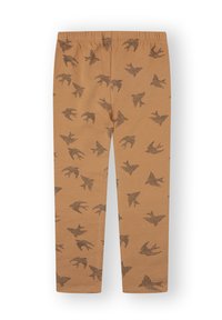 Leggings de algodón marrón con un estampado de pájaros dispersos en marrón oscuro. La tela es suave y cuenta con una cinturilla elástica para mayor comodidad.
