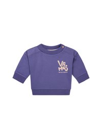 Lila kortärmad sweatshirt med ribbad halsringning och ärmslut, med en ljus persikofärgad grafisk text "Vamos" framtill.