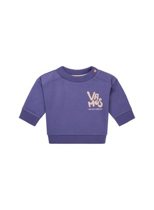 Lila Kurzarm-Sweatshirt mit geripptem Halsausschnitt und Bündchen, mit einem hellpfirsichfarbenen grafischen Text "Vamos" auf der Vorderseite.