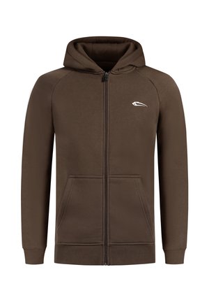 Brauner Zip-Hoodie aus weichem Material mit Kapuze, frontalen Taschen, gerippten Bündchen und einem kleinen weißen Logo auf der Brust.