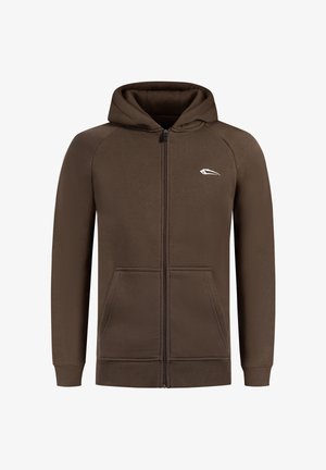 Brauner Zip-Hoodie aus weichem Material mit Kapuze, frontalen Taschen, gerippten Bündchen und einem kleinen weißen Logo auf der Brust.