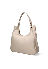 Borsa a tracolla in pelle beige con un design morbido, doppie spalline e hardware color oro. Presenta una chiusura con zip e un logo goffrato discreto.