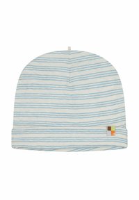 Berretto di cotone con un motivo a righe blu chiaro e bianche, dotato di risvolto e di un piccolo etichetta con logo multicolore sul lato.