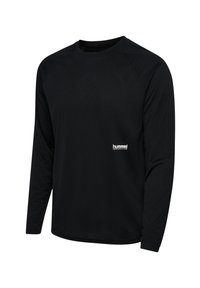 Sort langærmet funktionsshirt med rund hals, åndbart stof og et lille hvidt "hummel performance"-logo på brystet.