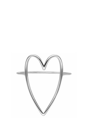 Silver thin wire ring shaped as an open heart with a horizontal band across the middle on a white background.