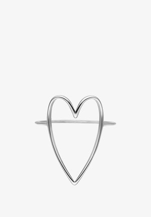 Silver thin wire ring shaped as an open heart with a horizontal band across the middle on a white background.
