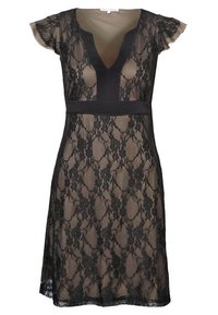 Robe en dentelle noire avec un décolleté en V profond et des manches courtes. Présente une taille cintrée en noir et une jupe en dentelle fluide et transparente.