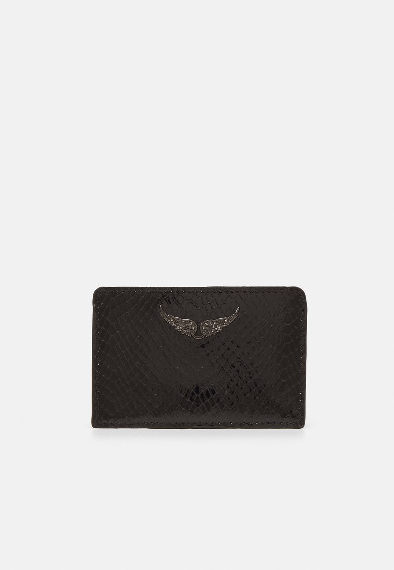 Black cardholder made of textured, glossy material with a snake pattern. Features a metallic wing emblem at the top center.