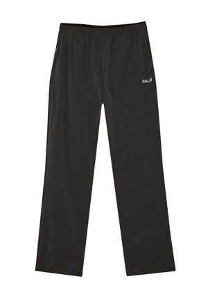 Zwarte lichtgewicht trainingsbroek met elastische taille en "HALO"-logo op de rechterdij, plat weergegeven op een witte achtergrond.