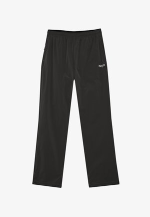 Czarne lekkie spodnie dresowe z elastycznym pasem i logo "HALO" na prawej udzie, pokazane na płasko na białym tle.