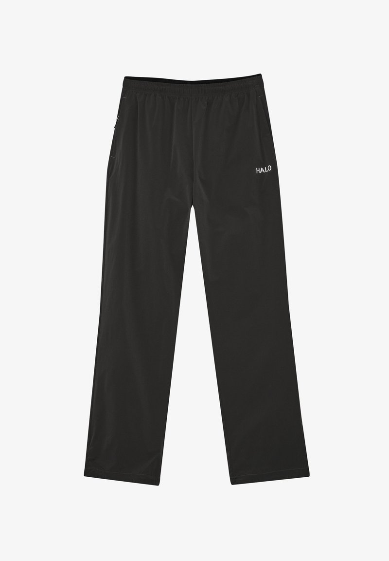 Czarne lekkie spodnie dresowe z elastycznym pasem i logo "HALO" na prawej udzie, pokazane na płasko na białym tle.