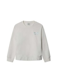 Felpa grigia chiaro in cotone, con maniche lunghe, girocollo e orlo arricciato. Logo "Pepe Jeans London" in blu sul petto.