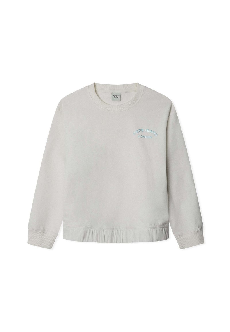 Felpa grigia chiaro in cotone, con maniche lunghe, girocollo e orlo arricciato. Logo "Pepe Jeans London" in blu sul petto.