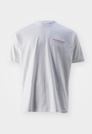 White cotton t-shirt featuring a red printed logo text on the upper left chest area. Classic crew neckline and short sleeves.