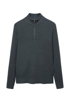Pullover a maglia a coste verde scuro con colletto alto e mezza cerniera. Maniche lunghe e orlo dritto. Tessuto strutturato per un calore aggiuntivo.