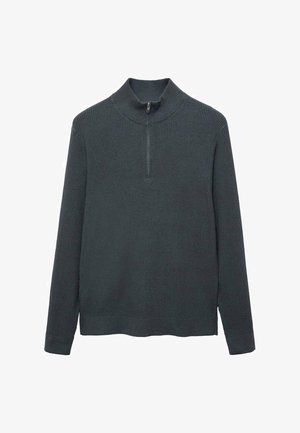 Pullover a maglia a coste verde scuro con colletto alto e mezza cerniera. Maniche lunghe e orlo dritto. Tessuto strutturato per un calore aggiuntivo.