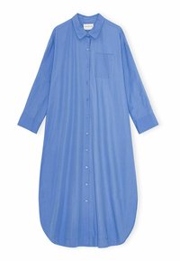 Abito camicia blu a maniche lunghe realizzato in tessuto morbido. Presenta una chiusura con bottoni, colletto, una tasca sul petto e orlo arrotondato.