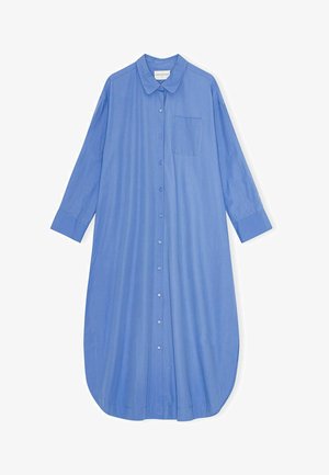 Zila gara piedurkne kleita, izgatavota no gludas auduma. Tajā ir pogu rinda, apkakle, viena krūts kabata un noapaļots apakšmalas dizains.