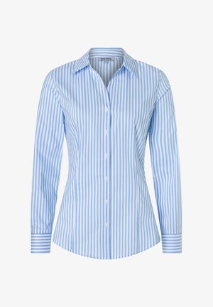 Langärmliges blau-weiß gestreiftes Hemd aus leichtem Stoff, mit spitzem Kragen und Knopfleiste sowie passenden Manschetten.