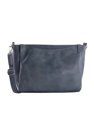 Donkerblauwe leren crossbodytas met verstelbare riem en geperst Venezia-logo aan de voorkant.