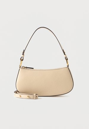 Τσαντάκι ώμου από μπεζ δέρμα με υφή, με μονή τιράντα, εξαρτήματα σε χρυσό τόνο, κλείσιμο με φερμουάρ και επιπλέον ρυθμιζόμενη αποσπώμενη τιράντα.
