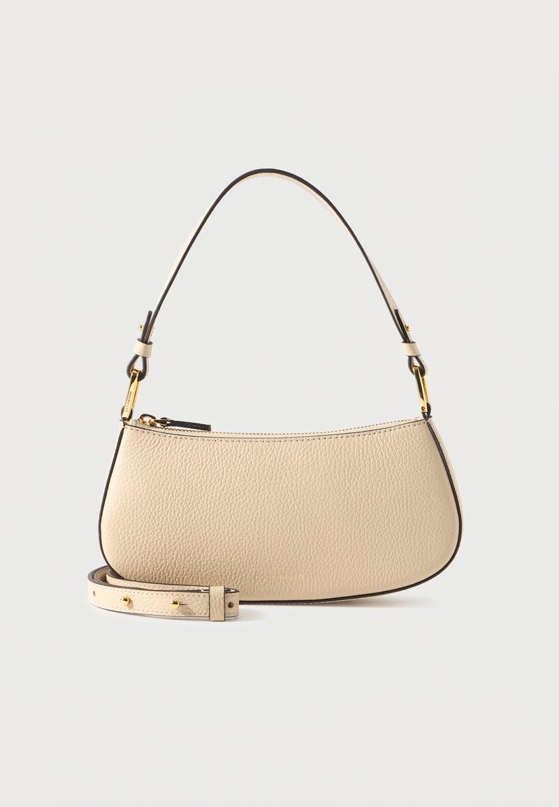 Τσαντάκι ώμου από μπεζ δέρμα με υφή, με μονή τιράντα, εξαρτήματα σε χρυσό τόνο, κλείσιμο με φερμουάρ και επιπλέον ρυθμιζόμενη αποσπώμενη τιράντα.