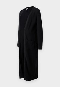 Cardigan lungo nero realizzato in morbido tessuto a maglia, con apertura frontale, maniche lunghe e due tasche anteriori. Design semplice con polsini a costine.