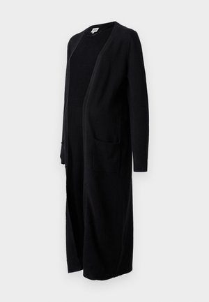 Czarny długi kardigan wykonany z miękkiej dzianiny, z otwartym przodem, długimi rękawami i dwiema przednimi kieszeniami. Prosty design z prążkowanymi mankietami.