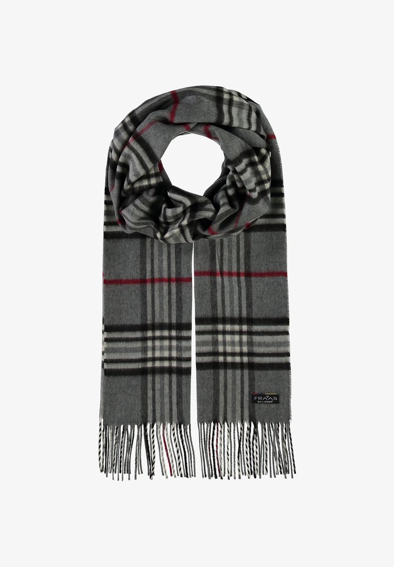 Gray plaid scarf made of soft material, featuring black and red stripes, fringed edges, and a small brand tag. Approximate length: medium.