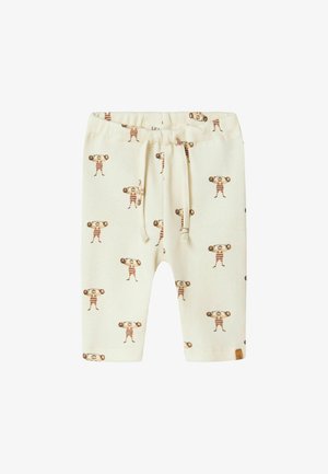 Flødefarvede ribstrikkede babybukser med snøre i taljen, trykt med små illustrationer af vægtløftningsbjørne i stribede dragter.
