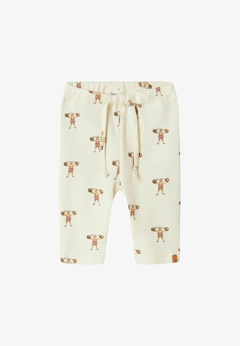 Βρεφικό παντελόνι σε εκρού χρώμα με ριγέ υφή και κορδόνι στη μέση, διακοσμημένο με μικρές εικόνες αρκούδων που κάνουν άρση βαρών, ντυμένες με ριγέ ρούχα.