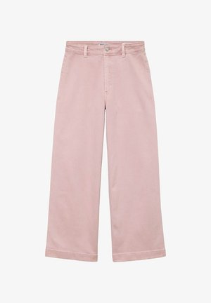 Rosa hochtaillierte, weit geschnittene Hose mit Gürtelschlaufen, vorderer Knopf- und Reißverschluss sowie seitlichen Taschen.