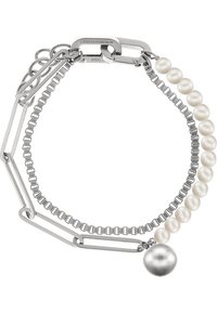 Bracelet en métal argenté mettant en valeur un mélange de perles blanches rondes et d'une boule polie en accent, avec un design en chaîne reliée et un fermoir en forme de homard.