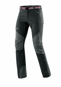 Pantalon d'extérieur noir et gris avec renforts aux genoux et aux chevilles, poches zippées sur les cuisses et les hanches, et ceinture rose à motif.