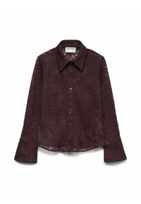 Camisa de encaje en color burdeos con mangas largas, cuello puntiagudo y cierre de botones. Presenta intrincados patrones florales y una textura semitransparente.