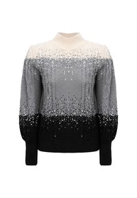 Maglione lavorato a maglia con un colletto alto, caratterizzato da una sfumatura che va dal crema al grigio fino al nero, decorato con paillettes e motivi a treccia testurizzati.
