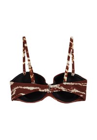 Rudos ir baltos spalvos kaklaraiščiu dažytos liemenėlės su lankeliais, reguliuojamomis petnešėlėmis ir priekyje esančiu užsegimu ant balto fono.